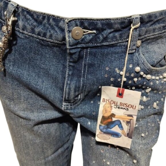 Bisou Bisou Vintage Rhinestone Women's Denim Jeans Blue Fade Size 10 with Chain - Picture 3 of 11